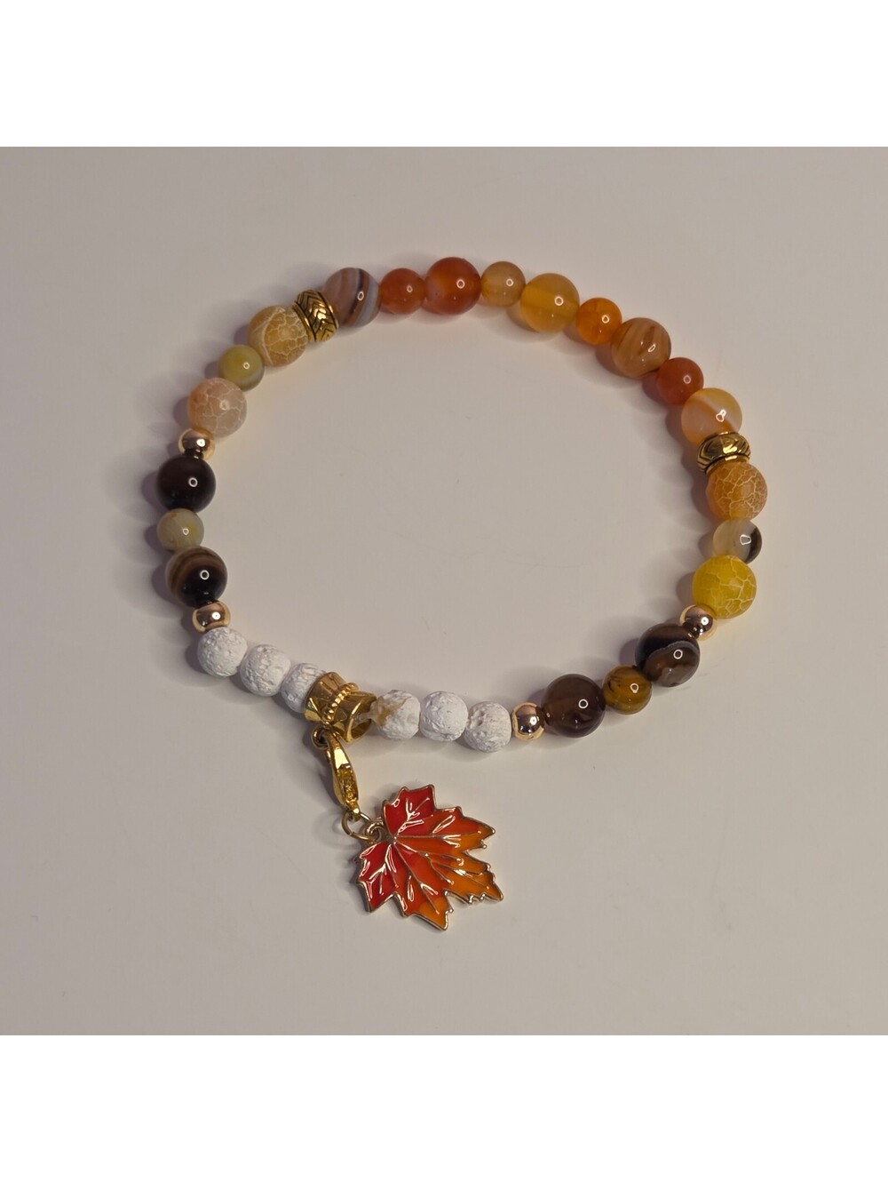 Orange and Brown Beaded Bracelet / Anklet with Maple Leaf Charm